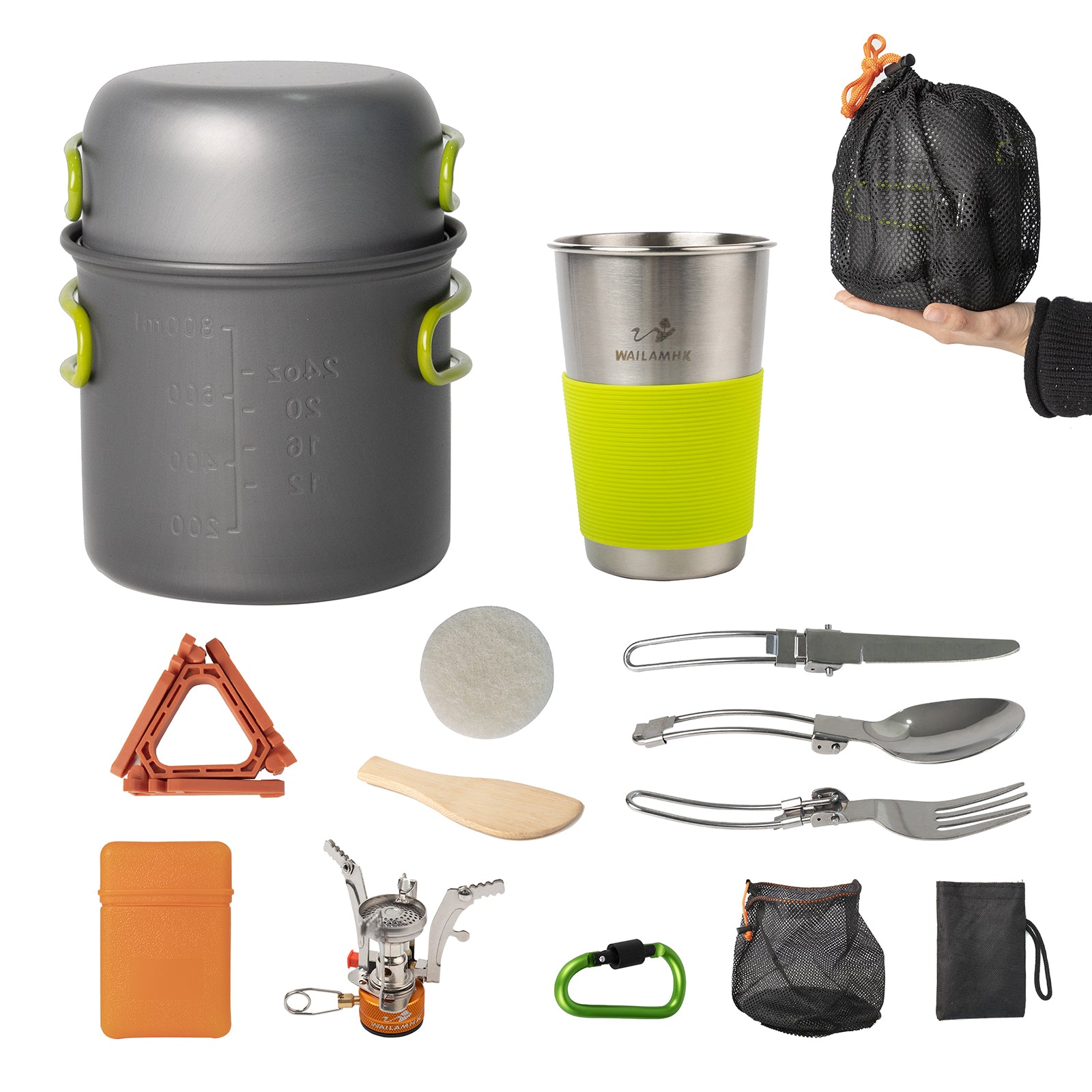 WAILAMHK Camping Cookware Pot Set with Mini Backpacking Stove