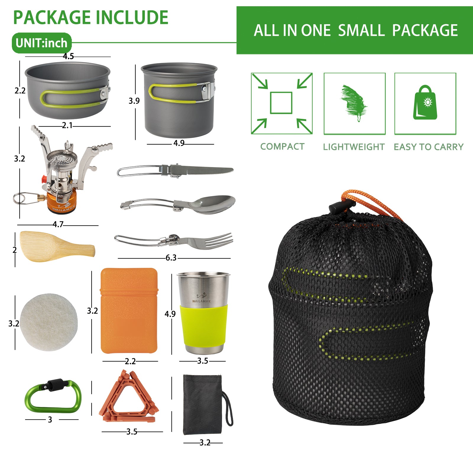 WAILAMHK Camping Cookware Pot Set with Mini Backpacking Stove